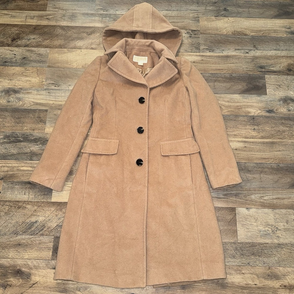 Michael Kors Wool Blend Coat Women XS Camel Tan Hooded Button Front